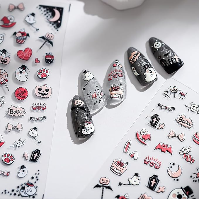 Cute Halloween Nail Art Stickers 5D Self-Adhesive Moon Star Nail Decals Kawaii Ghost Nail Stickers Halloween Candy Heart Spider Web Design Embossed Nail Supplies Decoration for Women Girls DIY