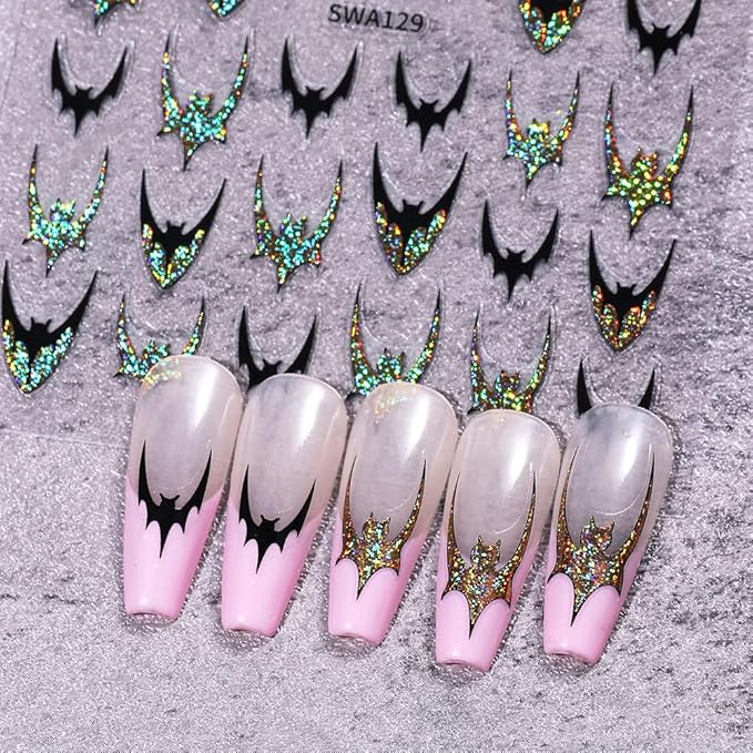 Halloween Nail Art Stickers, Glitter Dark Bat Nail Decals 3D Self-Adhesive with Sparkle Gold Sparkle Silver Bat Design 4PCS Halloween Nail Art Supplies for Women