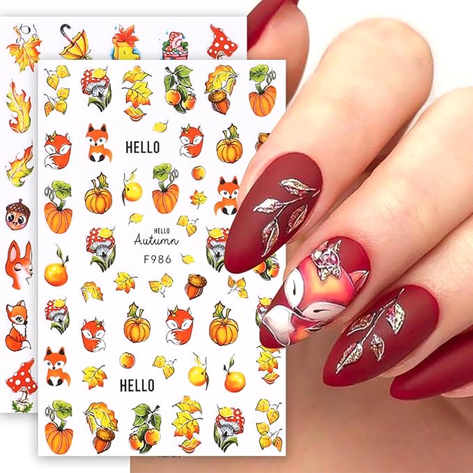 6Sheets Fall Nail Art Stickers Gold Yellow Maple Leaf 3D Self-Adhesive Nail Decals Cute Squirrel Elk Designs Autumn Nail Decorations Thanksgiving Nail Supplies for Women Girls DIY Nail Accessories