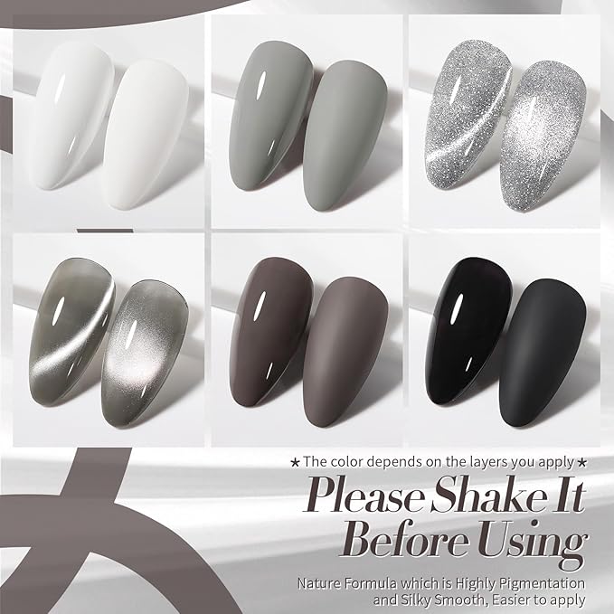 BORN PRETTY Gel Nail Polish 6 Colors - White Gray Black Colors Glitter Cat Magnetic Eye Gel Polish Kit Soak Off Nail Art Manicure DIY Design Collection for Home and Salon
