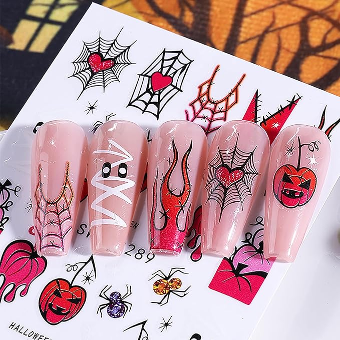 Halloween Nail Art Stickers, Spider Web Nail Art Decals 3D Self-Adhesive Pumpkin Cute Pink Heart Spider Web Nail Design 4Pcs Halloween Nail Art Supplies for Women Nail Decoration