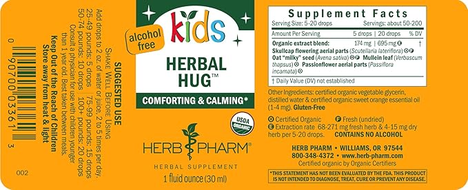 Herb Pharm Organic Kids Herbal Hug: Nervous System Support with Skullcap, Passionflower, Mullein & Oat Seed | Fast-Absorbing & Alcohol-Free, Kid-Friendly Taste, Extract for Kids, 1 oz*
