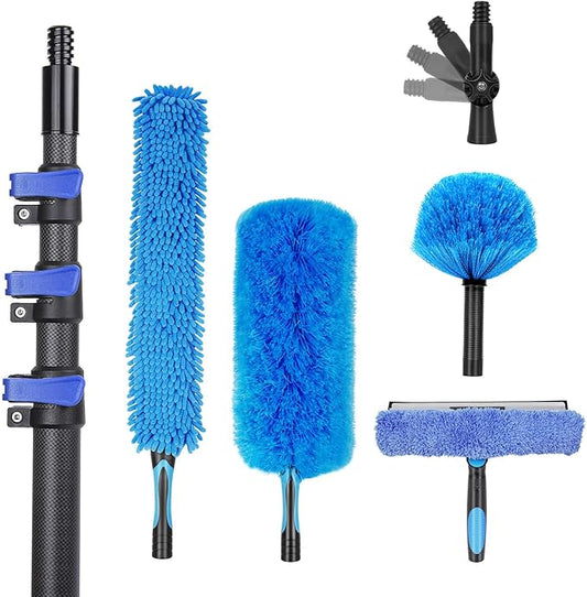 18 Foot High Ceiling Duster Kits with 3.5-12 FT Carbon Fiber Extension Pole, Feather Duster, Cobweb Duster, Ceiling Fan Duster, Window Squeegee & Cleaner with Pole 12 Ft