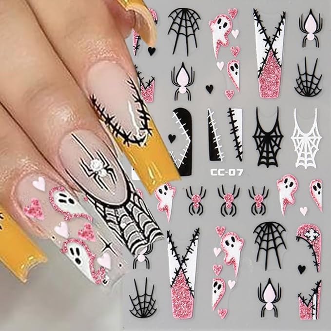 8 Sheets Halloween Spider Nail Art Stickers Decals Glow in The Dark Stickers 3D Self-Adhesive Luminous Ghost Spider Web Spider Nail Art Design Decals Charms for Holiday Acrylic DIY Nail Decoration