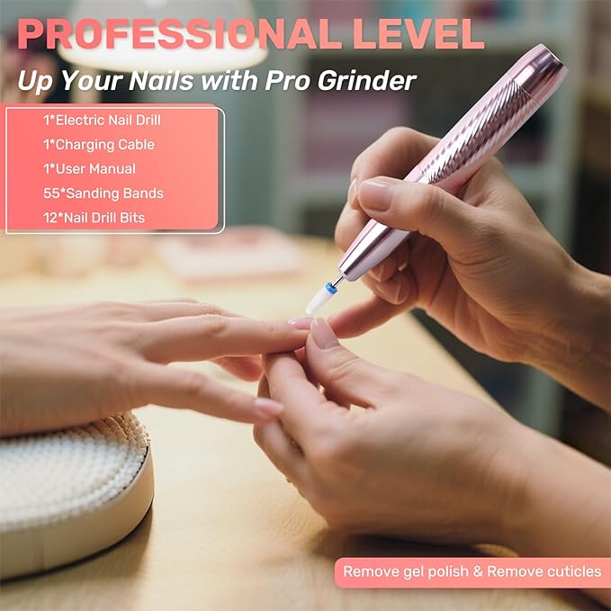 Portable Electric Nail Drill Machine Professional Kit, 23000 RPM Adjustable Speed, Nail Grinder Manicure Tool for Home Salon with Drill Bits Sanding Bands for Acrylic Gel Nails Pink