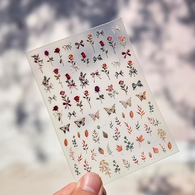 Fall Nail Stickers 5D Embossed Self-Adhesive for Nail Art, 2 Sheets 5 Designs with Vintage Roses, Autumn Maple Leaves, White Hibiscus Flowers, Fall Nail Decals Supplies for Women