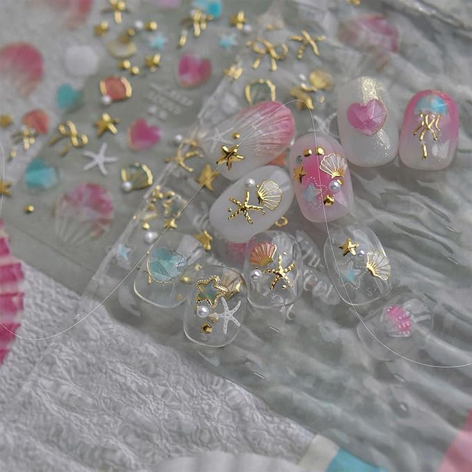 1Pcs Summer Nail Stickers for Nails Art 5D Embossed Marine Life Nail Decals with Pearl Shiny Gold Star Bow Shell Nail Art Stickers Ocean Beach Jellyfish Nail Supplies for Women Manicure Decor
