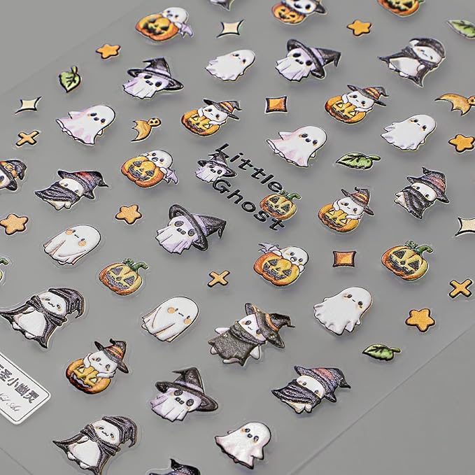 Halloween Nail Stickers for Nail Art - Cute Ghost Nail Art Sticker Halloween 5D Embossed Nail Decals Self-Adhesive Nails Supply Manicure Stickers for Nails Decoration（Little Ghost）
