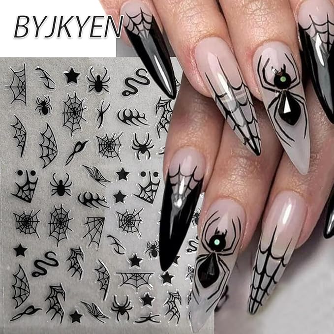 Spider Web & Snake Nail Art Stickers - Halloween Decals, Black & White, Gold & Silver, Self-Adhesive, 8Pcs
