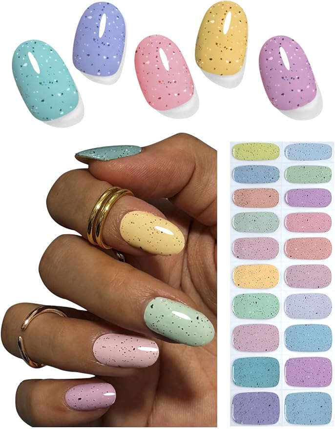 Semi Cured Gel Nail Strips, 20pcs Macaron Glitter Gel Nail Stickers UV for Home Nails DIY