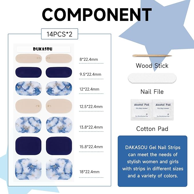 Semi Cured Gel Nail Strips (Dark Blue), 28 pcs Gel Nail Stickers, Work with Any UV Lights, Long-Lasting NailWraps for Women Art DIY, Salon-Quality, Easy to Apply & Remove