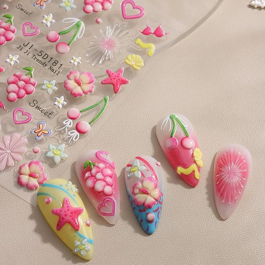 1pcs Summer Nail Stickers for Nail Art Embossed Nail Decals 5D Flowers Dolphins Starfish Shell Jellyfish Mermaid Tail Design Butterfly Lemon Nail Stickers Ocean Beach Acrylic Nail for Women
