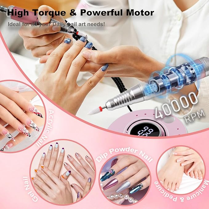 Electric Nail Drill File, Professional 40000RPM Nail E-File Drill, Rechargeable Cordless Nail Drill with Bits & Base for Acrylic Nails Remove Nail Gel Polish Manicure for Home Salon Use (Blue)