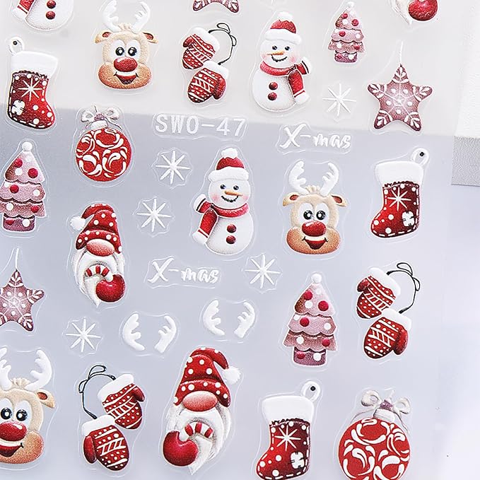 6 Sheets Christmas Nail Art Stickers 5D Self-Adhesive Embossed Cartoon Santa Claus Elk Bluebird Designs Xmas Decals Winter Christmas Snowflake Lamp Ball Nail Stickers Supplies for DIY Manicure Decor
