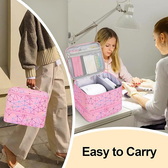 Ethereal Small Nail Polish Organizer Case Holds 32+ Bottles(15ml/0.5fl.oz) and Nail Lamp, Double Layer Nail Polish Storage Bag for Nail Kit, Manicure Tools, Diamond Pink