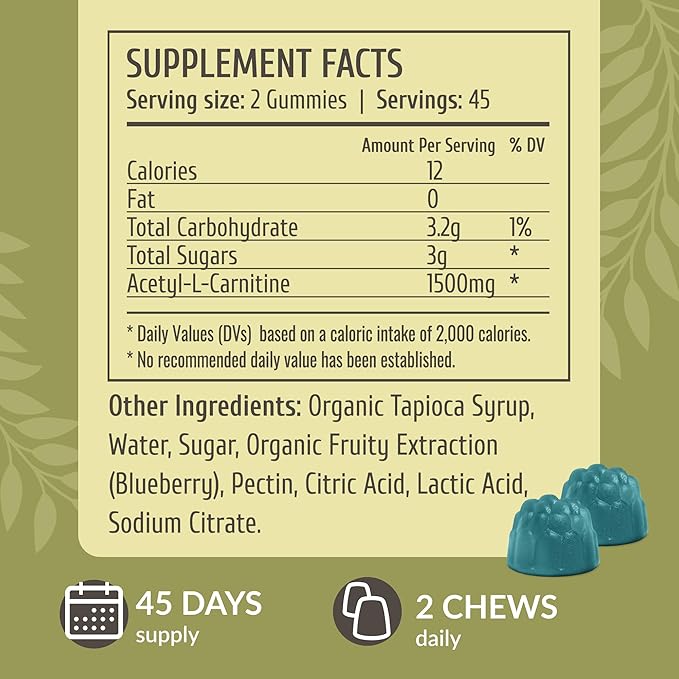 HERBAMAMA ALCAR Acetyl L-Carnitine 1500mg Gummies - L Carnitine Supplement for Energy, Focus & Brain Support - Vegan, Non-GMO - 90 Pectin-Based Blueberry-Flavored Chews