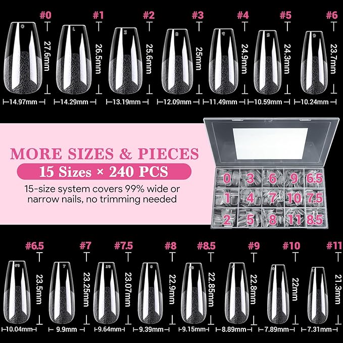 Medium Coffin Fake Nail Tips, 15 Sizes 240 PCS Clear Half Matte Press On False Nail Tips Pre-shaped Half Soft Cover Gel Nail Tips Extensions Thick Long Lasting for DIY Beginners & Salon Manicure
