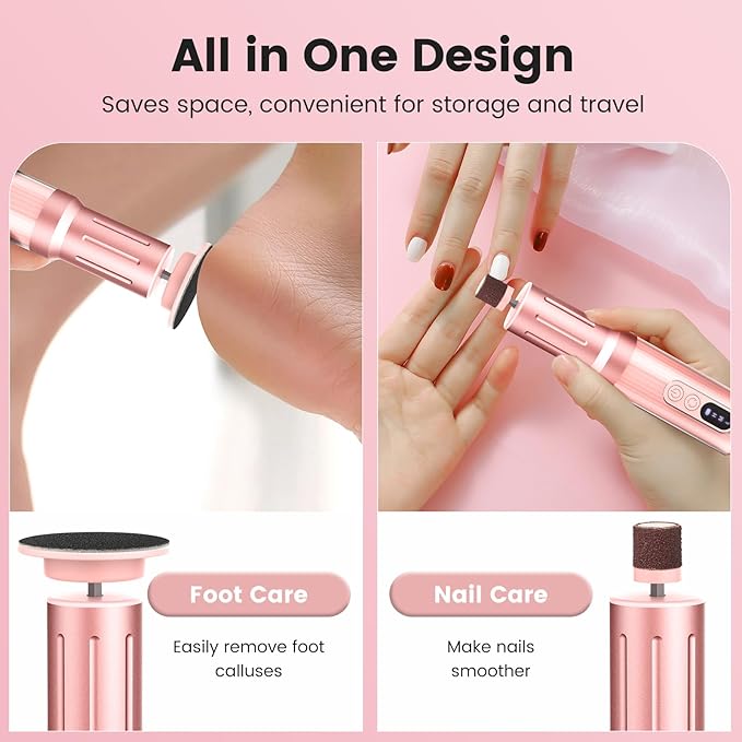 2 in 1 Electric Foot Callus Remover, 2000RPM Professional Electric Callus Remover for Feet with 6 Adjustable Settings, Rechargeable Foot File & Nail Drill with 40Pcs Sandpaper Discs (Pink)