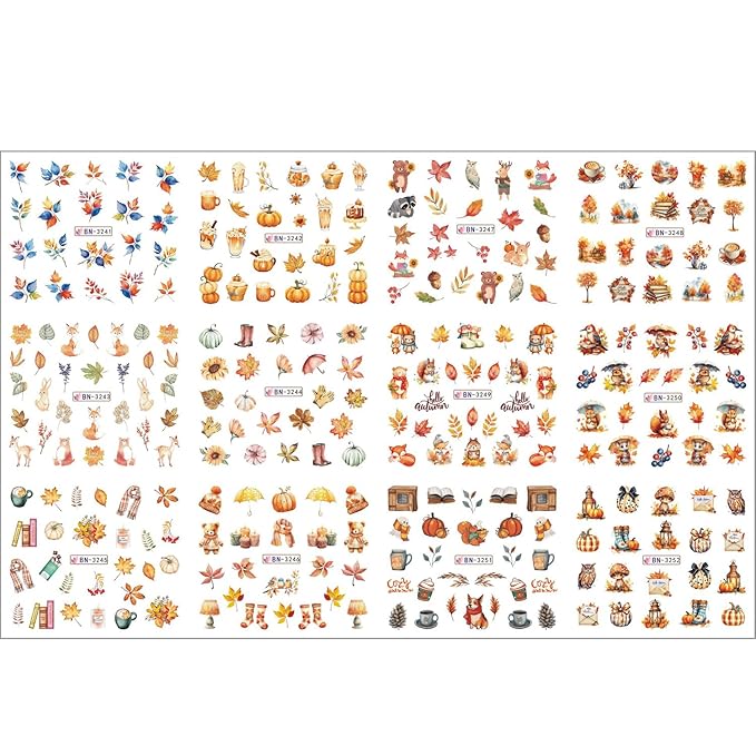 12 Sheet Fall Nail Art Stickers Decals Water Transfer Nail Stickers Maple Leaves Nail Stickers for Nail Art with Little Bear Squirrel Design Autumn Manicure Decoration for Women Nails Supplies