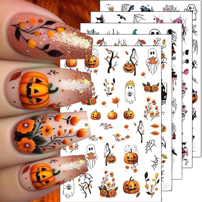Halloween Nail Stickers Ghost Spider Web Nail Art Stickers Bat Cat Skull Flower Nail Decals Self-Adhesive Spooky Gothic Design Sticker Holiday Nail Art Decoration for Women Manicure Accessories 5Pcs