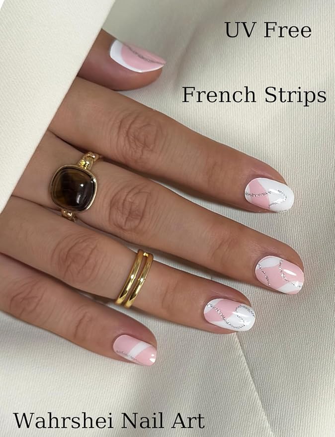 Gel Nail Strips No UV, Nude Geometry, UV Free, Long Lasting Gel Stickers - Contains 22 Wraps, 1 Prep Pad, 1 File