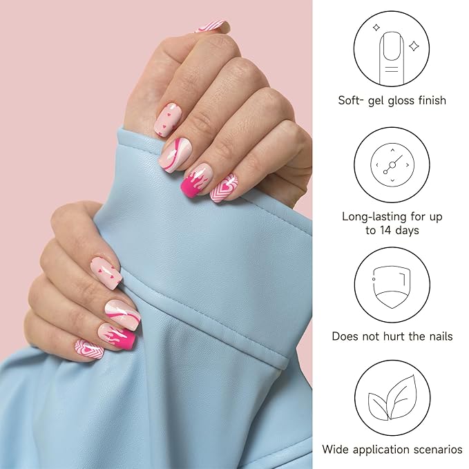 Semi Cured Gel Nail Strips, Pink Heart | 28 pcs Gel Nail Strips Work with Any UV Lamp, Salon Quality UV Nails Stickers, Easy to Apply for Home Nails DIY
