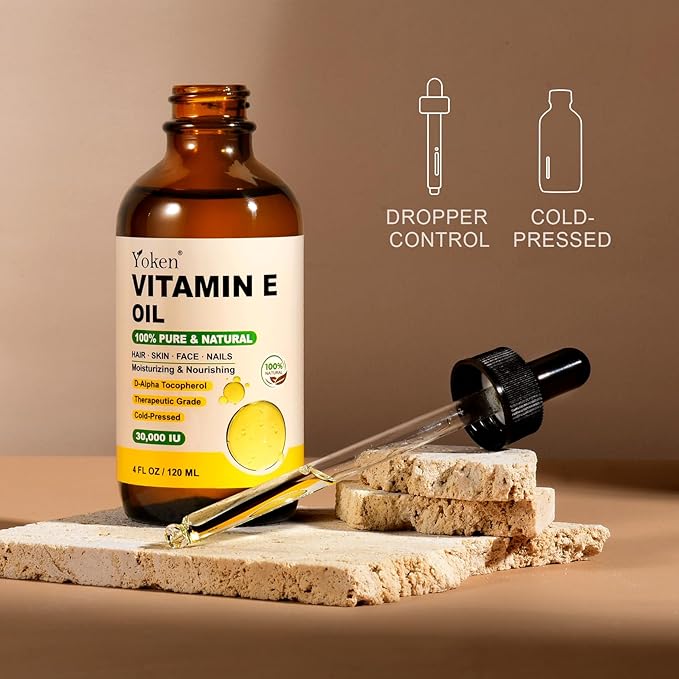 Yoken Vitamin E Oil 4 Fl Oz Organic Vitamin E oil for Skin 30,000 IU Vitamine oils for Scars Hair, Face, Nail, Scalp Perfect Bath and Body Oil, Cold Pressed Hexane Free Non-GMO Gluten Free Formula