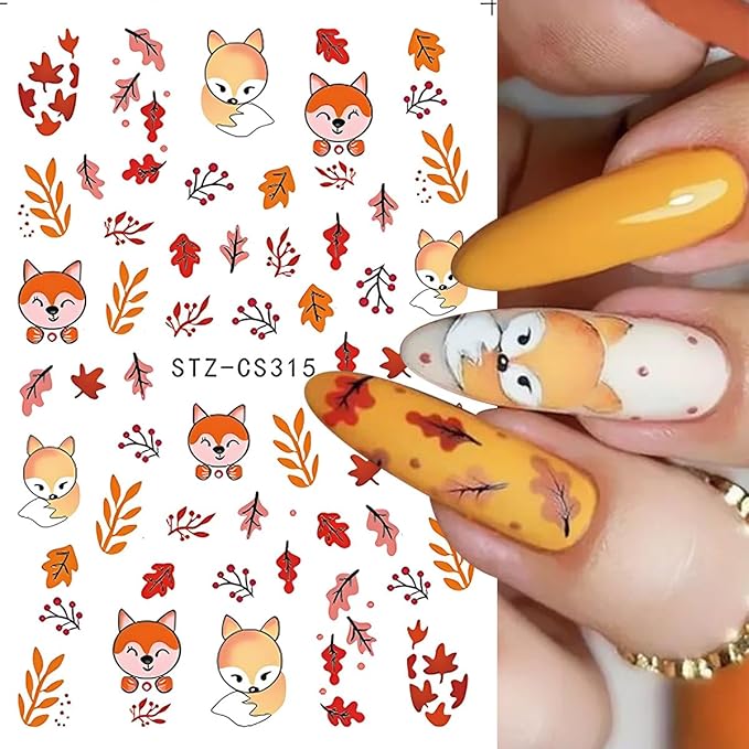 Fall Nail Art Stickers, Cute Fox Nail Art Decals 3D Self-Adhesive Maple Leaves Pumpkin Bow Nails Stickers Fall Blossom Flowers Nail Design 8Pcs Nail Art Supplies for Women Nail Decoration