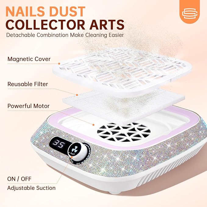 Professional Nail Dust Collector,Powerful Dust Collector Nail Tech with Reusable Filter,Compact Vacuum Fan Dust Collector Manicure Pedicure Tool for Acrylic Nail Polishing,Salon&Home