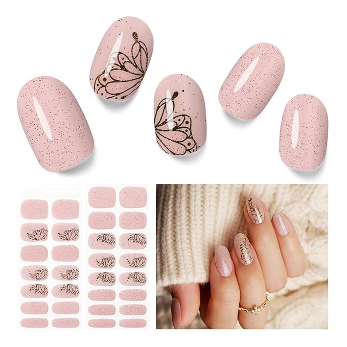 Semi Cured Gel Nail Strips - 30PCS Gel Nail Stickers for UV Light, Long-Lasting Gel Nail Wraps, Salon-Quality Semi Cured Nail Stickers, 2 Weeks Wear, Easy DIY Gel Manicure-Golden Wing