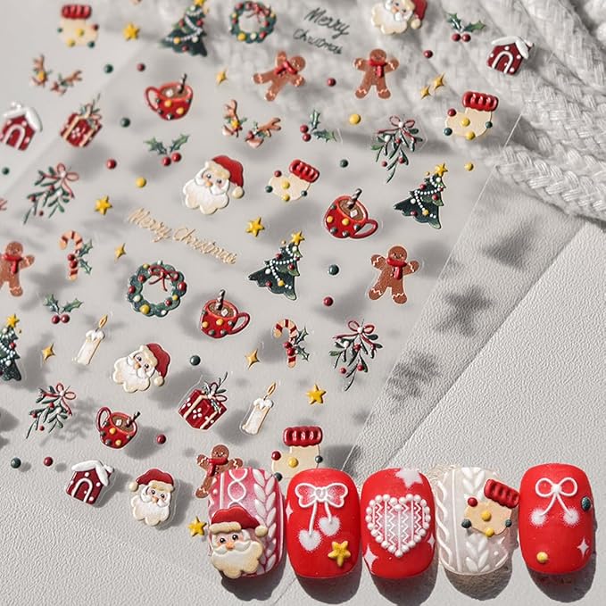Christmas Nail Art Stickers Decals 5D Santa Claus Christmas Tree Nail Stickers 1PCS Self-Adhesive Santa Trees Gifts Holly Gingerbread Man Design Xmas Nails Adhesive Decals Supply for Women Girls
