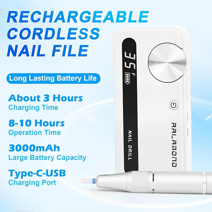 Professional Nail Drill, 35000RPM Electric Nail File, Rechargeable Cordless Machine, Nail Drill Kit with Bits, Portable Electric Nail Filer Manicure Pedicure (White)