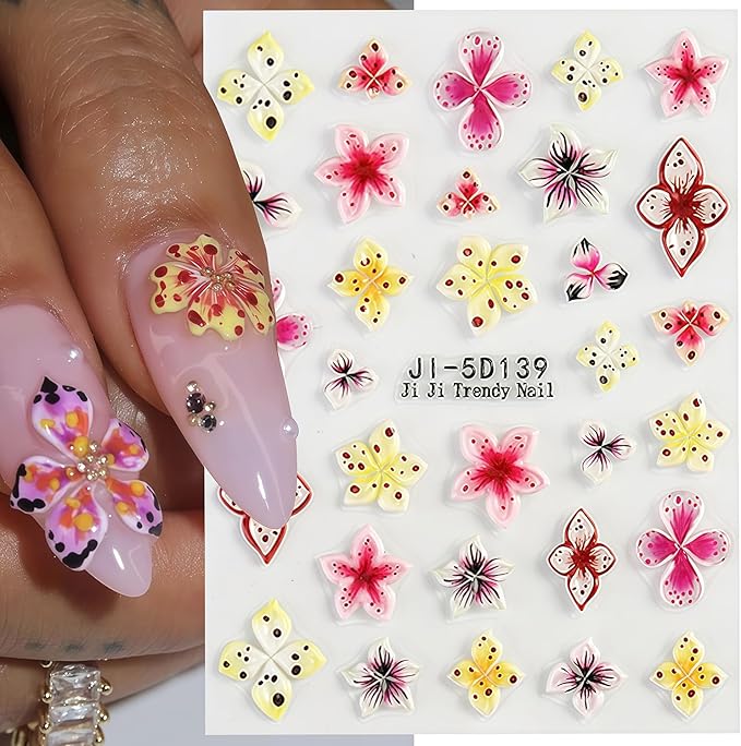 Flower Nail Stickers for Nail Art Hawaiian Flowers Nail Decals 5D Self-Adhesive Embossed Floral Summer Nails Art Design Sticker Beach DIY Acrylic Salon Manicure Decoration Kit for Women