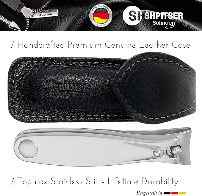 Shpitser Manicure and Pedicure Large Toenail Clipper, German Stainless Steel, Handmade in Solingen Germany, Large, 8cm, Leather Case (Black)