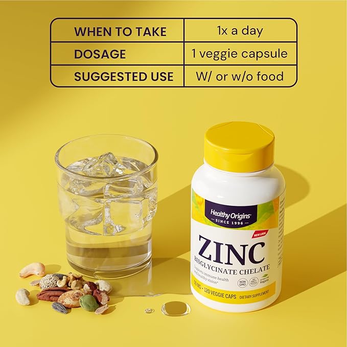 Healthy Origins Zinc Bisglycinate Chelate 50 Mg (Albion Minerals, Bioavailable, Non-GMO, Gluten Free, Immune Support), 120 Veggie Caps