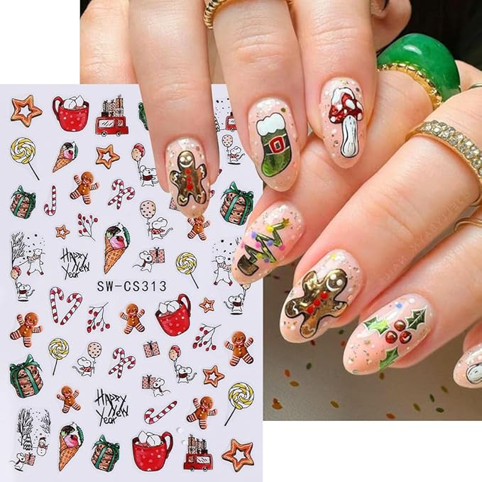 Christmas Nail Art Stickers Decals 3D Christmas Nail Stickers for Nail Art 6PCS Gingerbread Man Candy Cane Santa Claus Holly Cartoon Xmas Nails Design Adhesive Sliders Accessories for Nail Decorations