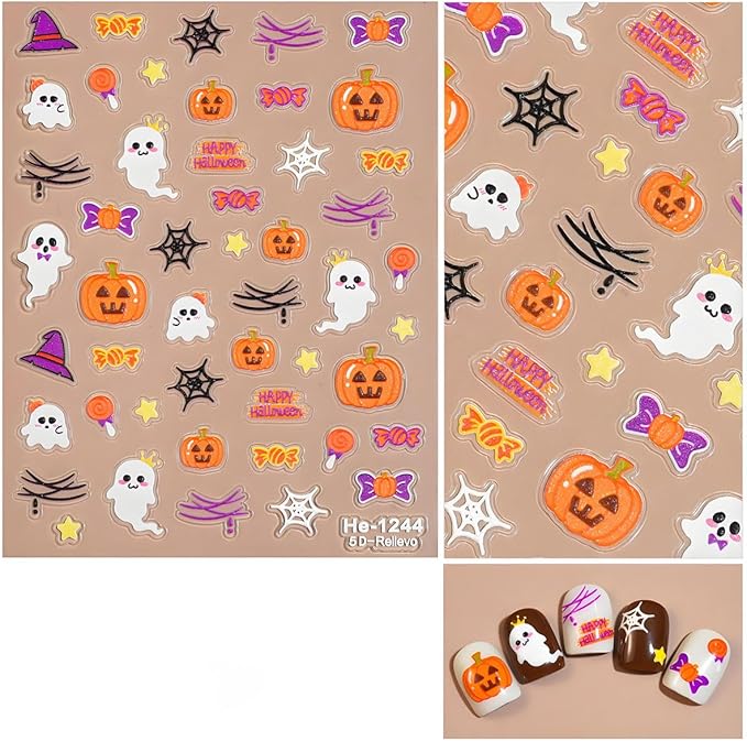 12Pcs Halloween Nail Stickers - 5D Embossed Halloween Nail Decals - Self-Adhesive Hand Bones Skull Spider Web Pumpkin Nail Design Decorations for Halloweens DIY Manicure Supplies