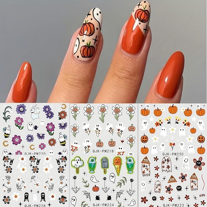 9 Sheets 3D Halloween Nail Art Stickers Self-Adhesive Cute Skull Pumpkin Bat Ghost Spider Designs Cartoon DIY Flowers Nail Art Stickers Decals Halloween Nail Supplies for Women Nails Art Decoration