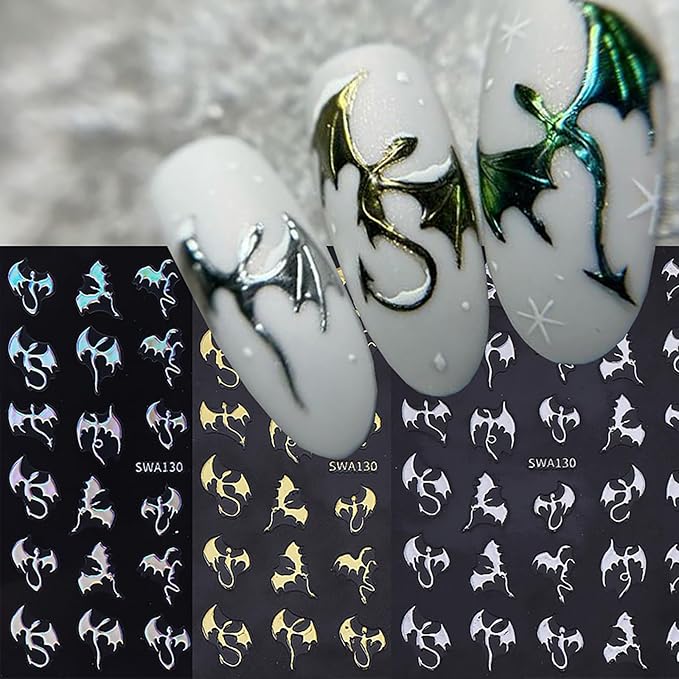 Halloween Nail Art Stickers Decals Metal Dragon Nail Decals Self-Adhesive Shiny Gold Silver Black Laser Dragon Nail Art Design Sticker Festival Fall Nail Stickers for DIY Manicure Decorations 4PCS