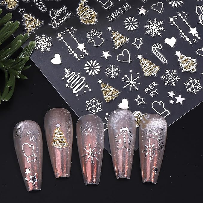 Christmas Nail Art Stickers Decals Winter Snowflake Tree Christmas Nail Stickers 6PCS Gold Silver Crystal Ball Candy Elk 3D Self-Adhesive Xmas Nail Decals Nail Art Supplies for Women Nail Decorations