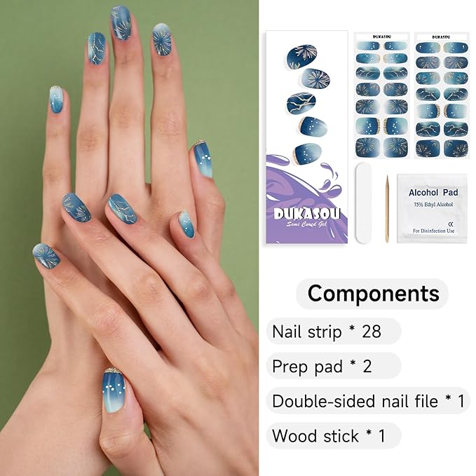 Semi Cured Gel Nail Strips, Stars Shine | 28 pcs Gel Nail Strips Work with Any UV Lamp, Salon Quality UV Nails Stickers, Easy to Apply for Home Nails DIY
