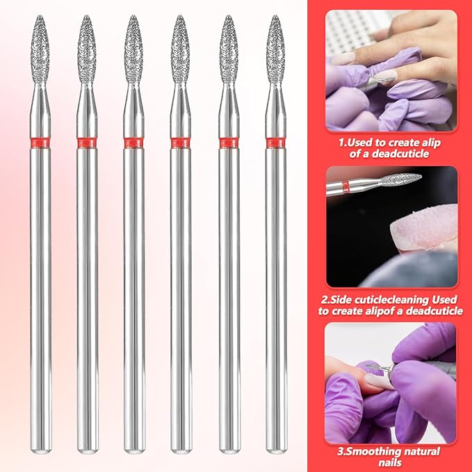 10pcs Diamond Flame Cuticle Drill Bits Set for Dead Skin 3/32'' Nails, Professional Safety Under Nail Cleaner Burr for Cuticle Dead Skin, Dry Manicure Pedicure Shape Remove Nail Salon Toolsv