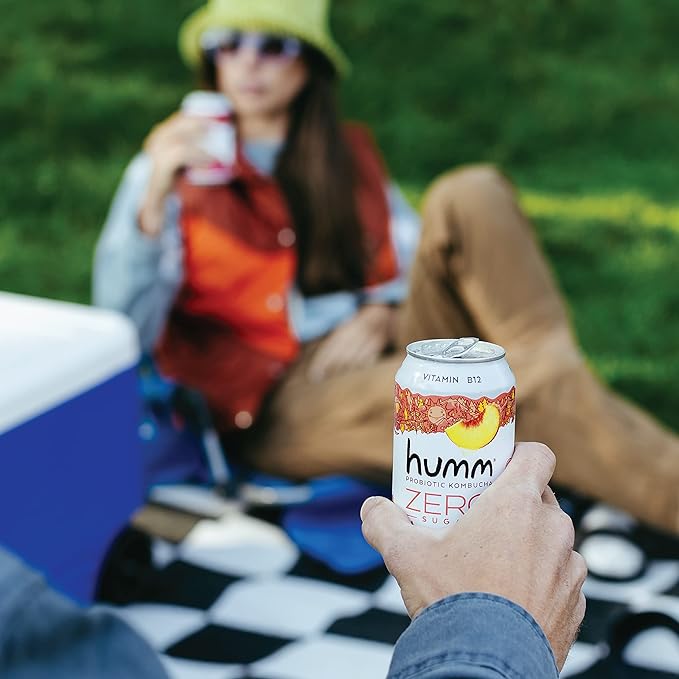 Humm Probiotic Kombucha Zero Sugar Peach Tea, No Refrigeration Needed, Keto Friendly, Organic, Vegan, Gluten Free, 12oz Cans (8 Pack)