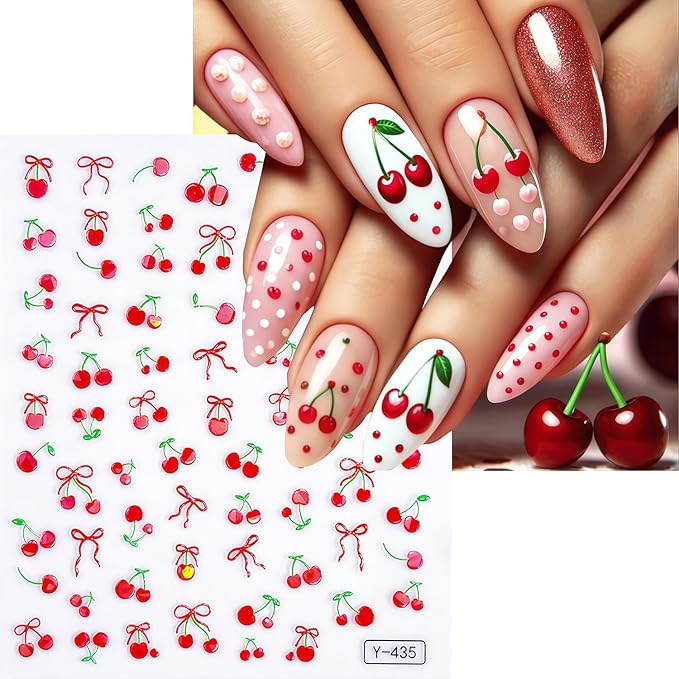 Summer Nail Art Stickers Fruits Nail Sticker 3D Self-Adhesive Shiny Lemon and Cherry Design Nail Decals DIY Salon Acrylic Nail Art Decoration Accessories for Women Vacation Nails