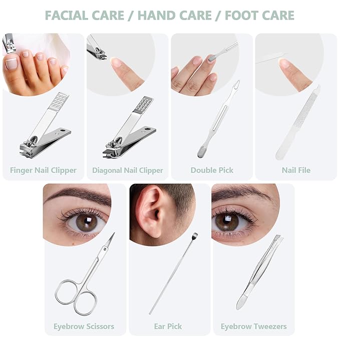 12 Set Manicure Set Bulk Mini Manicure Nail Clipper Kit 7 in 1 Stainless Steel Professional Nail Care Pedicure with Travel Portable Bag Grooming Kits for Christmas Women Men Home(Light Green)