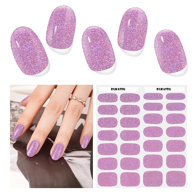 Semi Cured Gel Nail Strips,28 pcs Nail Art Stickers (Shiny Pink),Gel Stickers for Nails UV Light, Nail Polish Strips Includes Prep Pads, Nail File & Wood Stick