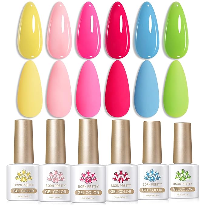 Born Pretty Neon Gel Nail Polish Spring Summer Hot Pink Green Blue Yellow Bright Rainbow Candy Sweet Color Gel Polish Kit Nail Art Manicure DIY Home Salon 6PCS