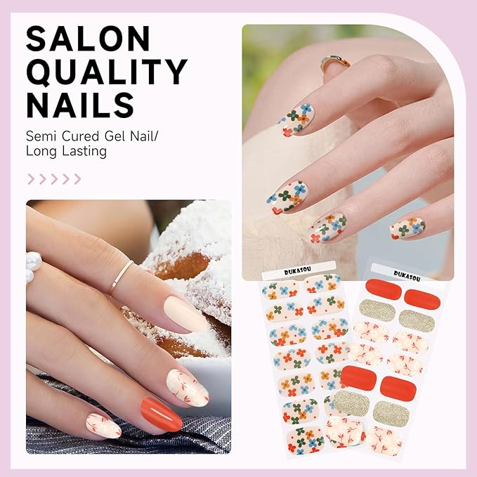 Semi Cured Gel Nail Strips 2 Set, (Glitter,Five Flower) 56 Pcs Gel Nail Wraps,Stickers Works with Any UV/LED Lamps,Long Lasting,Salon-Quality, Easy to Apply