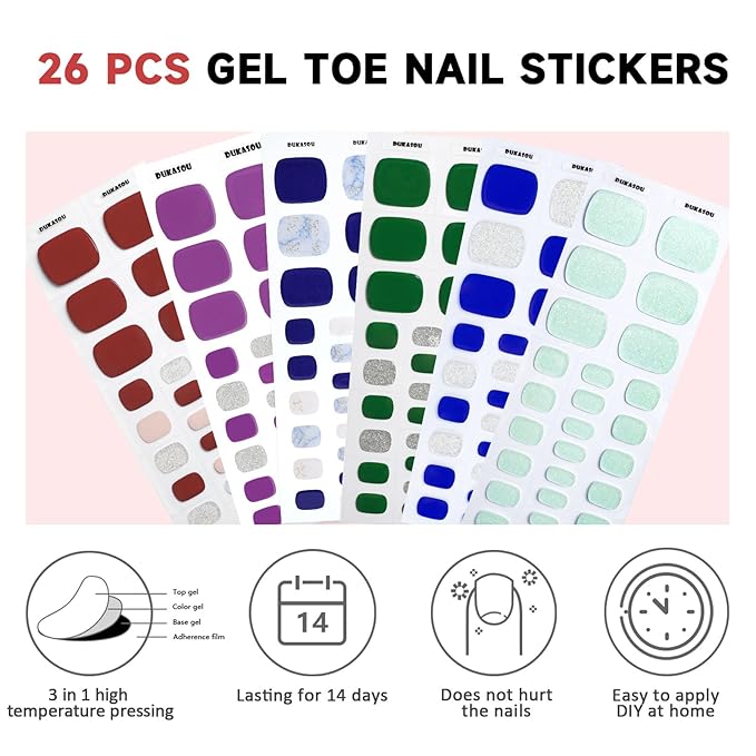 Semi Cured Gel Toe Nail Strips,26 Pcs Toes Nail Stickers Wraps(Deep Blue),UV Light Required,Easy to Apply