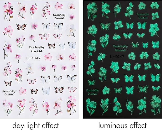 Flower Nail Art Stickers, Luminous Nail Art Decals 3D Self-Adhesive Flowers Fairy Butterfly Floral Leaf Nail Design 6PCS Luminous Nail Art Supplies for Women Nail Decoration